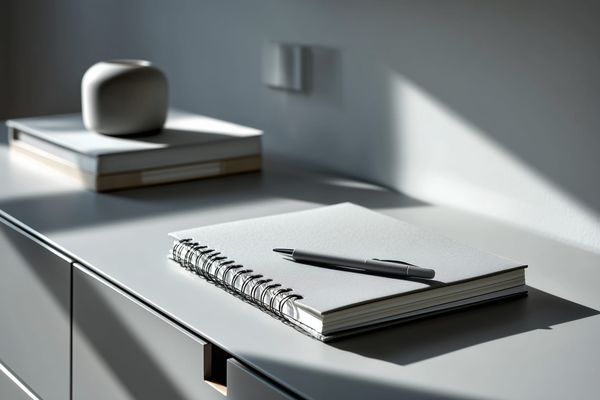 Minimal grey workspace with a spiral notebook and pen lit by soft sunlight · a calm moment before starting creative work.