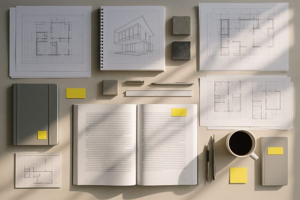 Overhead view of an architect’s desk with plans, notes, tools, and sunlight across the workspace showing early project thinking.