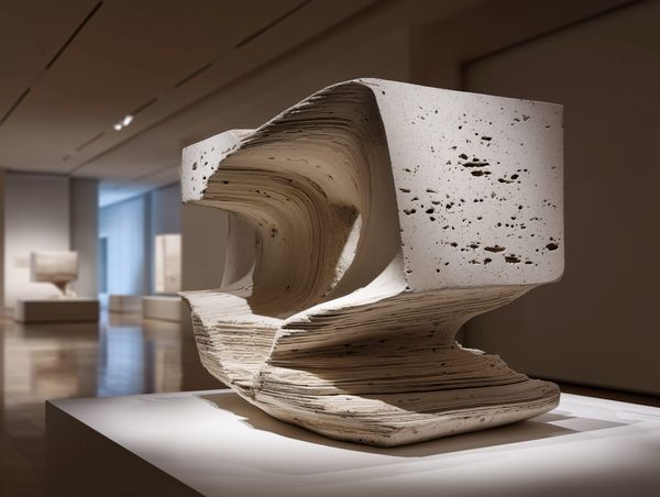 Layered stone sculpture shaped by pressure and time, with smooth carved curves emerging from compressed strata.