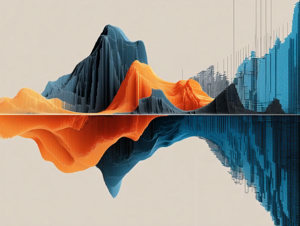 Abstract blue and orange waveform peaks mirrored across a line, symbolising dips and recovery over time.