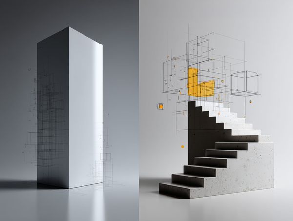Concrete stepped structure rising upward with geometric wireframe lines and yellow accents, symbolising steady progress and strength.