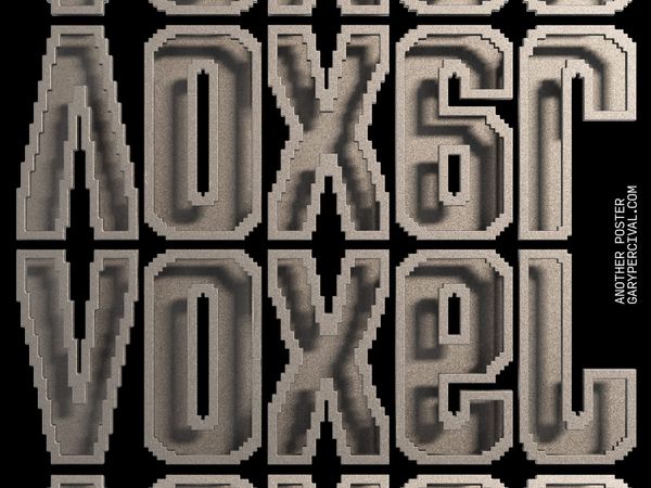 Blocky voxel typography rendered as heavy, stepped letterforms on black, exploring repetition and structure