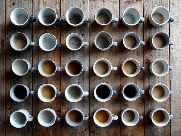 Grid of used coffee cups showing subtle differences from repetition and daily use, arranged neatly on a wooden surface.
