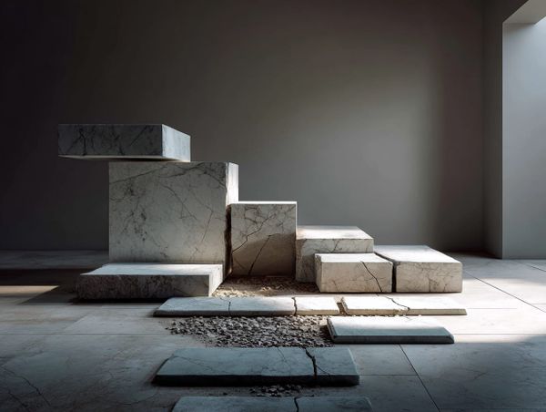 Stone blocks arranged as uneven steps in a quiet interior, showing structure built slowly through weight, repetition, and restraint