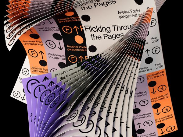 Stacked typographic posters twisting like a paper ribbon, layered sheets forming motion and rhythm