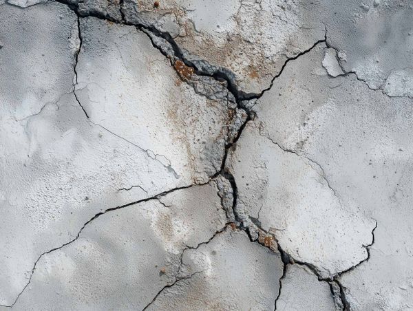 Close-up of cracked concrete surface with intersecting fractures and rough texture showing structural stress and wear.