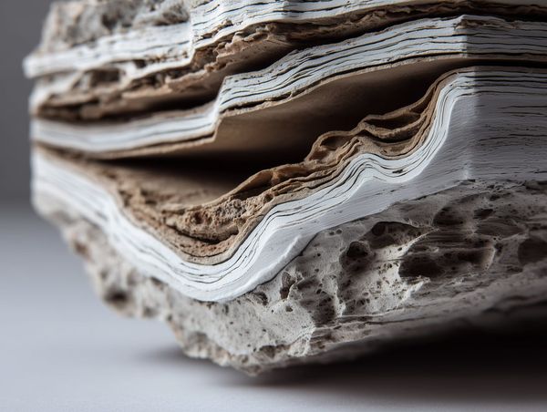 Layered handmade paper sheets stacked in rough cross-section, fibres and edges visible, showing slow built-up texture.