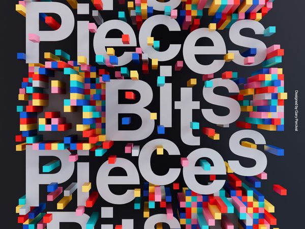 Typographic poster reading “Bits & Pieces” with colourful voxel blocks bursting outward from the letterforms on a dark background.
