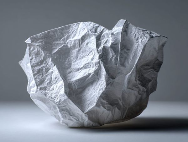Crumpled sheet of white paper on a grey surface, symbolising rejected ideas and the creative process behind finished work.