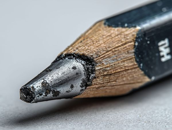 Close-up of a worn pencil tip with exposed graphite and rough wood, showing gradual wear through repeated use.