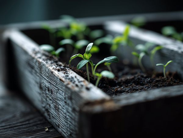 Small green seedlings emerging from soil in a weathered wooden planter, symbolising small work growing into future opportunity.