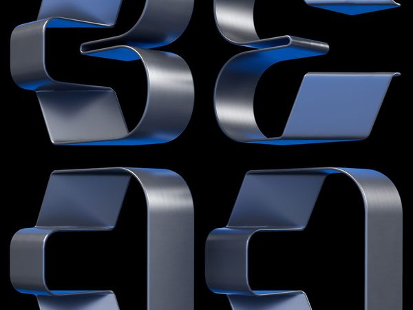 3D typographic poster built from a continuous bent metal strip forming letter-like shapes with blue inner surfaces on a dark background.