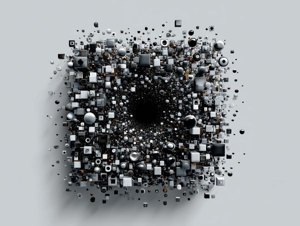 Dense grid of geometric forms with a clean central void, showing clarity emerging through deliberate removal