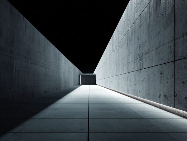 Minimal concrete corridor with strong central line leading to a closed wall, conveying forward motion in a fixed direction.