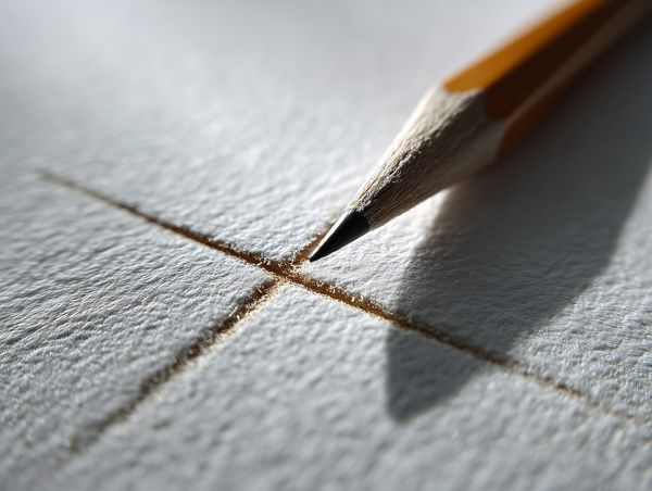 Close-up of a pencil crossing out a line on white cartridge paper, showing the moment of revision and decisions made in creative work.
