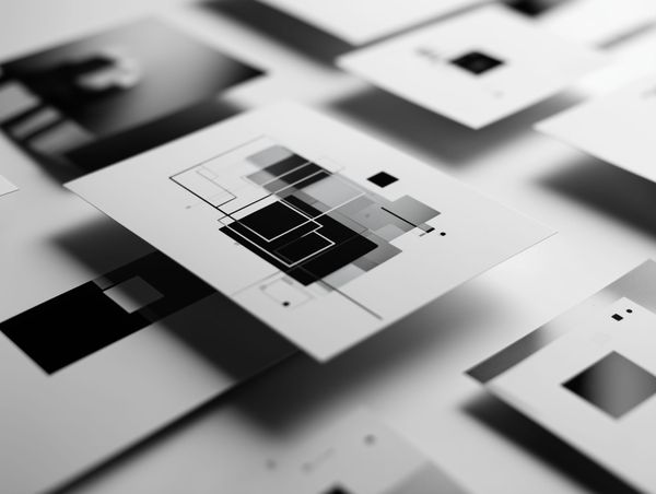 Scattered graphic design prints on a white surface, showing multiple pieces laid out without order.