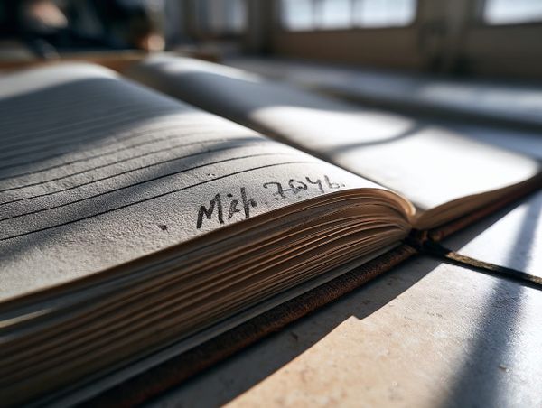 Open notebook with an old handwritten date in warm sunlight, symbolising delayed creative work and unfinished ideas.