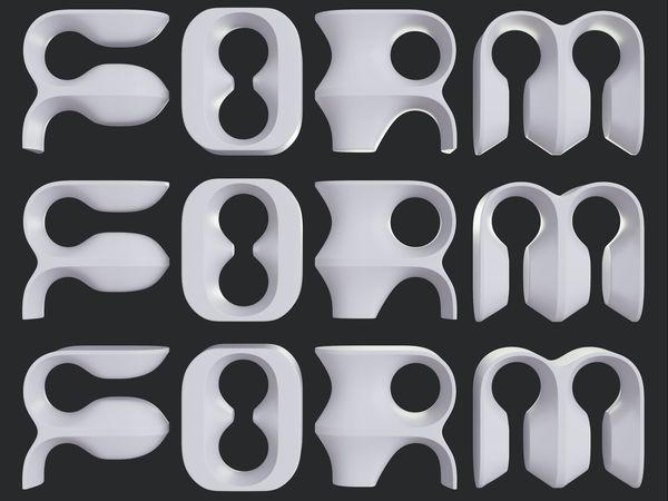 Three rows of the word FORM rendered as soft white 3D letterforms on   dark charcoal — a typographic poster exploring repetition and surface"
