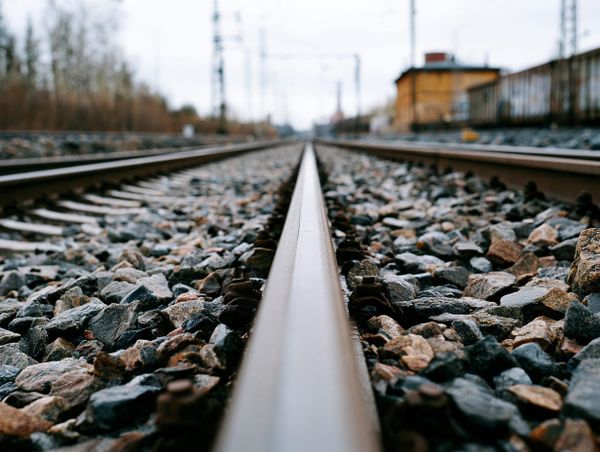 Close-up of a single railway track stretching into the distance, overcast sky, warm neutral tones, shallow depth of field