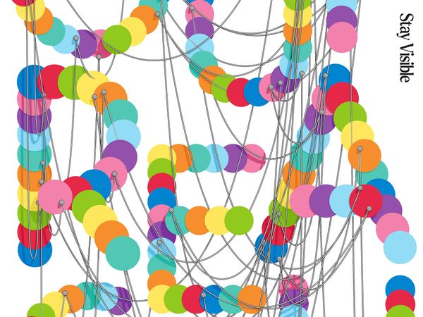 Multicoloured circle nodes chained into letterforms with curved wire threads on white · Stay Visible