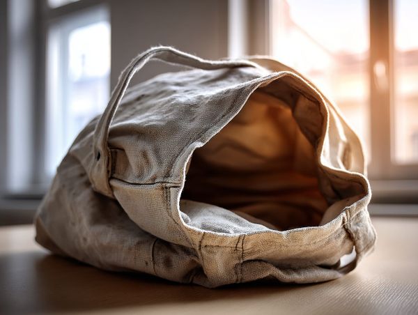 Empty worn canvas bag resting on a wooden surface, soft natural window light, warm neutral tones, shallow depth of field
