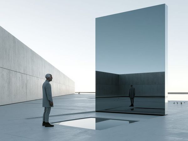 A figure stands beside a tall mirrored monolith on a flat concrete plain, facing a reflection slightly other than themselves.