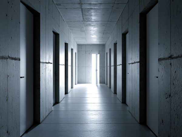 Brutalist concrete corridor with sealed doors lining both walls and a single open doorway at the end spilling light.