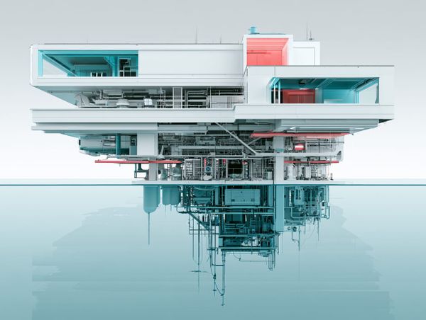 Architectural cross-section floating above its reflection, visible structure supported by complex hidden infrastructure below the surface.