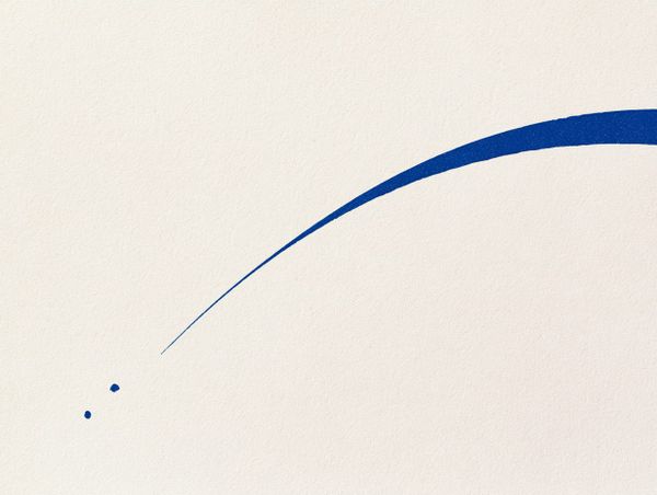 Fine ink line arcing upward into a thick blue curve on cream paper, with two small ink drops marking the beginning below.