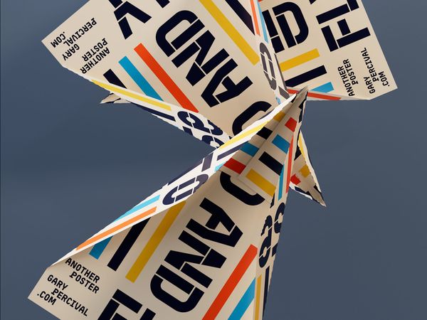 Three interlocking paper planes folded from cream printed sheets, navy FOLD AND FLY type broken across the wings, slate blue background.