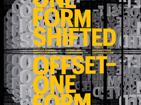 `Yellow 'One Form Shifted' and 'Offset · One' typography over a dense grid of grey 3D letterforms`