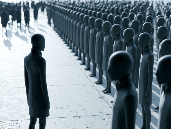 A single dark figure stands apart, facing rows of identical figures all turned the same way on a pale concrete surface.