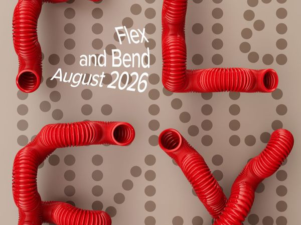 Cropped detail of red ribbed tubing bent into FLEX letterforms on taupe with BEND spelled in repeating dot pattern