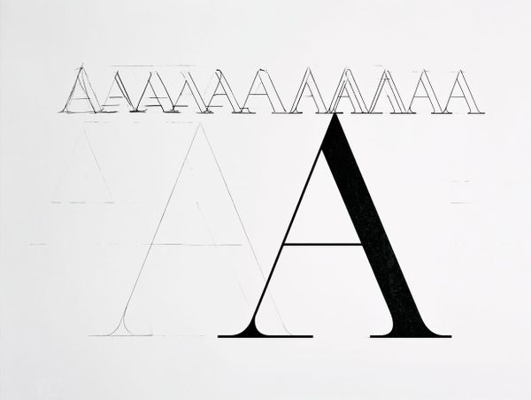 Row of ghosted letter A variations above a solid black A with pale construction underlays on cream paper.