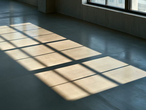 Warm window light falls in a grid pattern across a bare grey concrete floor, casting long shadows from a nearby window frame.