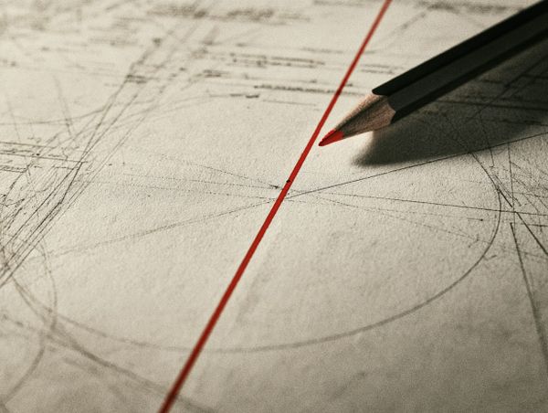 A red drafting line cuts diagonally through scratchy pencil geometry beside a resting graphite pencil in warm light. 
