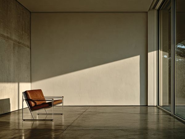 Brown leather and chrome chair alone in a sunlit concrete room, empty wall stretching away, no one arriving.