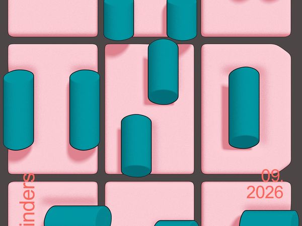 Close-up of a pink embossed poster grid with teal cylinders and coral text reading 09. 2026