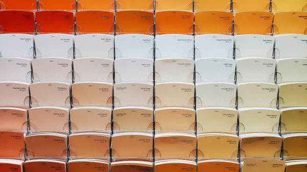 Wall of paint color samples ranging from white to orange, illustrating vast choice.
