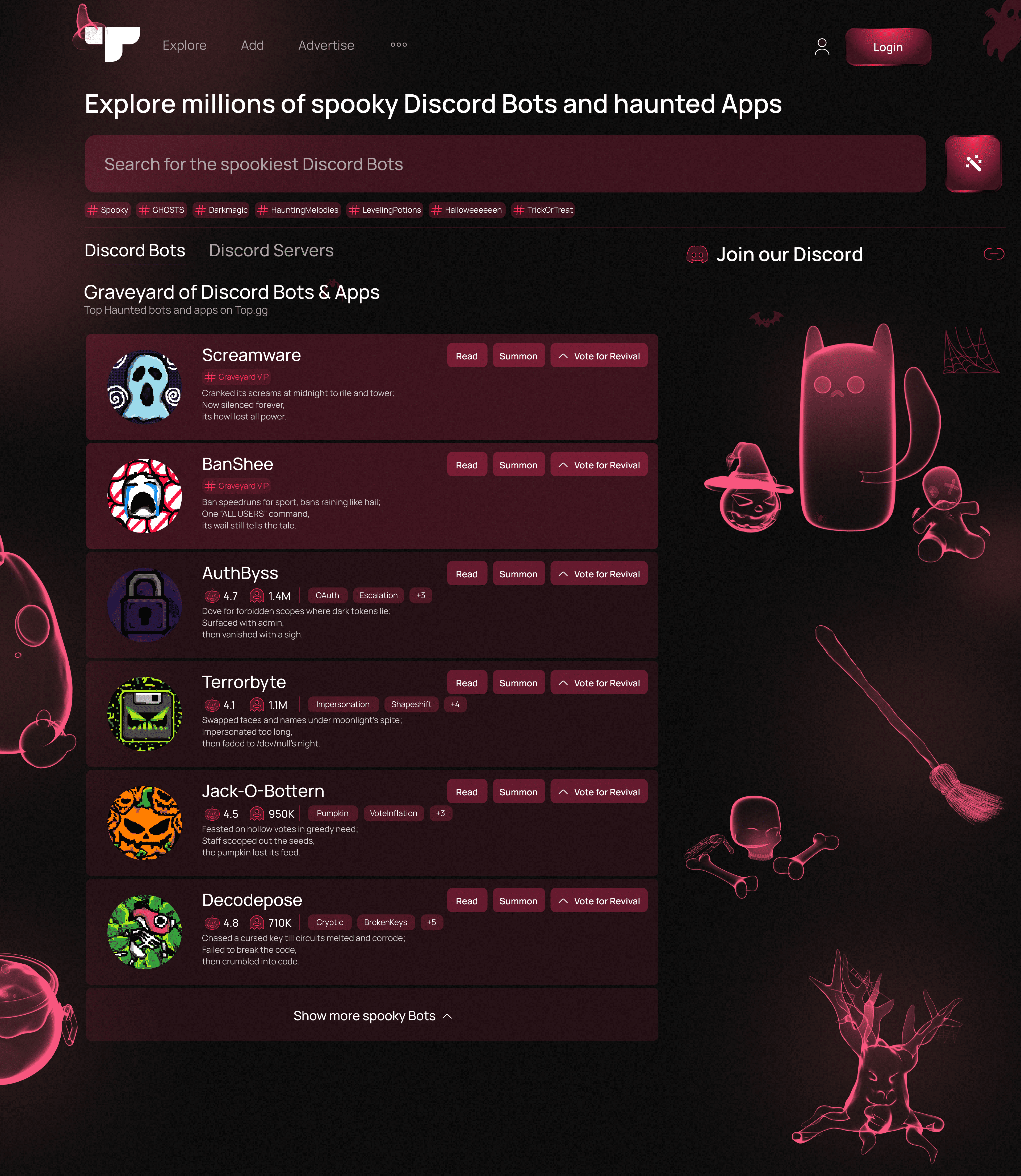 Dark, magenta-on-black Top.gg homepage. Search bar with spooky tag chips; a list of bot cards (Screamware, BanShee, AuthByss, Terrorbyte, Jack-O-Bottern, Decodepose). Each card has an icon, a short poem, crime tags, and buttons labeled Read, Summon, and Vote for Revival. Neon line-art ghosts and objects float along the right side.