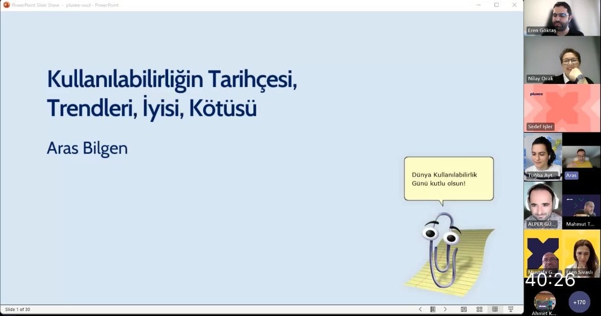 The opening slide for my presentation with the Clippy figure. Title: The history, trends, good and bad of usability.