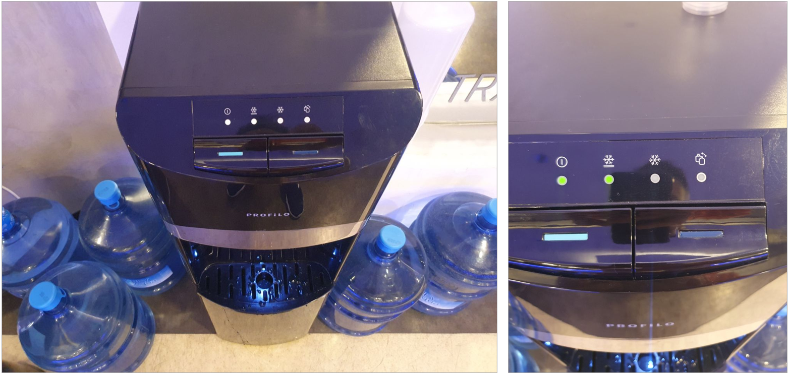 A watercooler with two buttons, light blue button on the left, dark blue button on the right.