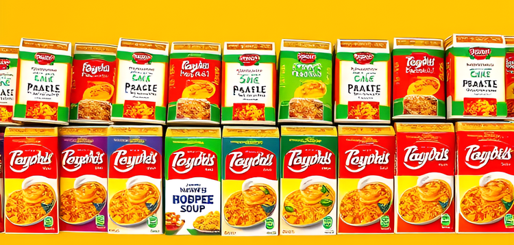 AI-generated image of two rows of instant soup packages with visible visual artifacts and distortions