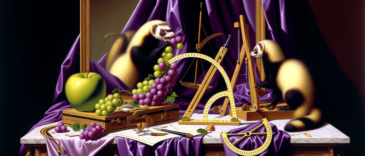 Two ferrets on a table, surrounded by an antique mathematics set; a large mirror, draped in purple silk; a green apple. One of the ferrets is eating from a bunch of grapes.