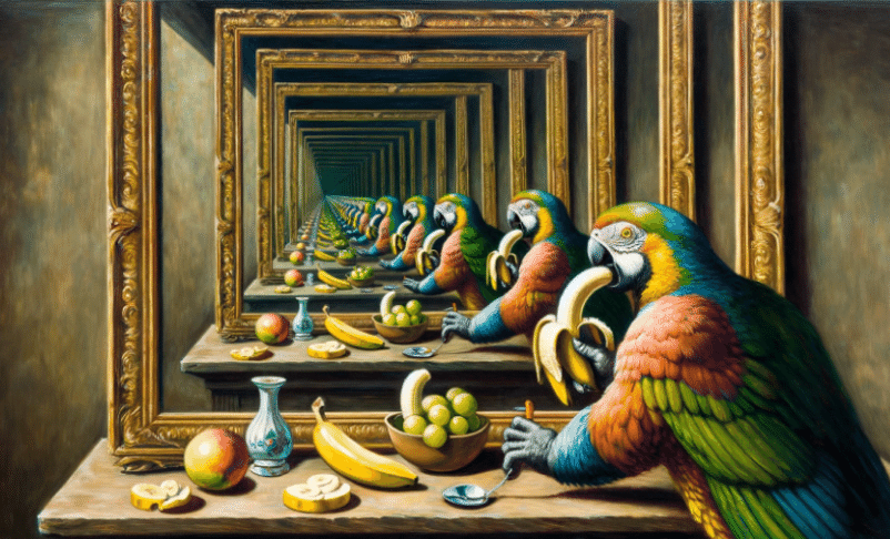 A brightly coloured parrot eating a banana, reflected in a hall of mirrors