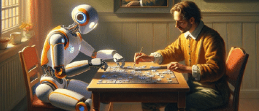 A painting of a robot and a human male working together to solve a jigsaw puzzle; the painting is in the style of Vermeer.