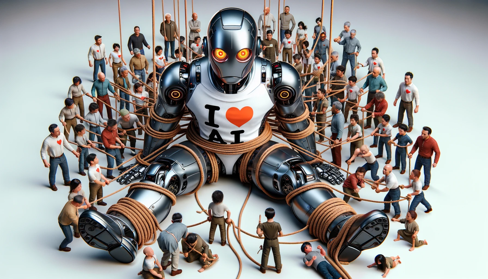 Drawing of a robot being restrained by little people using ropes; robot wears a t-shirt with the slogan;; i heart AI. 