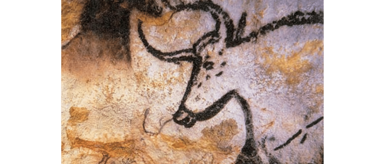 Close-up on detail fro cave painting of a horned animal, Lascaux, France