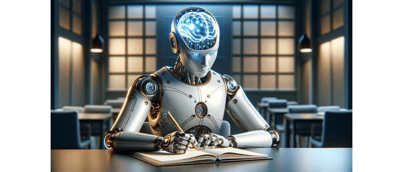 A high tech robot with part of the artificial brain exposed, taking notes in a paper notebook.