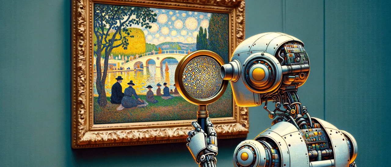 A robot in an art gallery using a handheld magnifying glass to examine a painting in the pointillist style